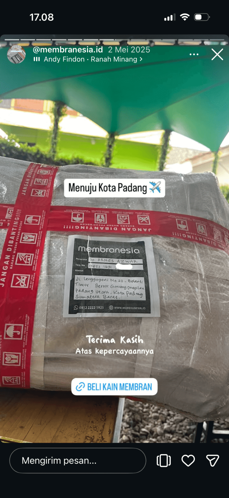 Pengiriman Kain Membran ke Kota Padang