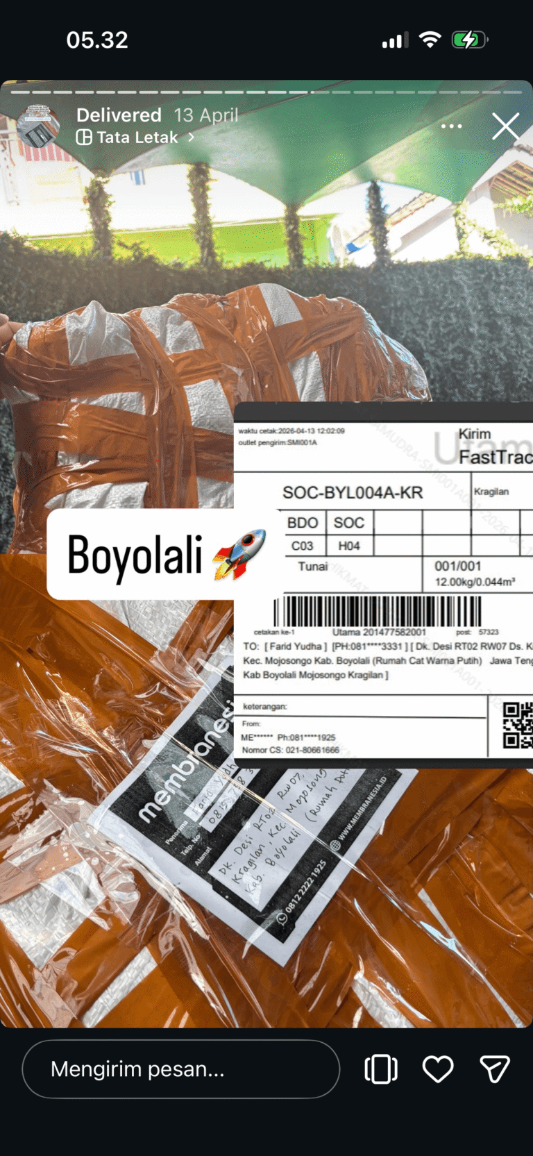 Terkirim ke Boyolali, Jawa Tengah
